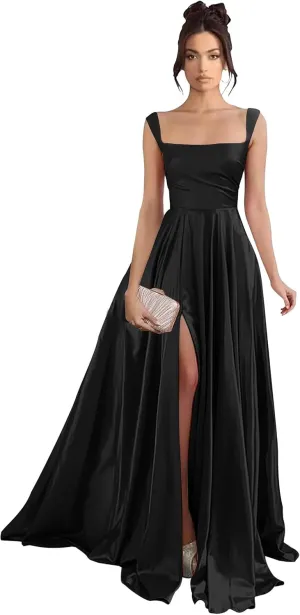 Women's Satin Prom Dresses with Slit Long Square Neck Formal Dresses Ball Gowns with Pockets