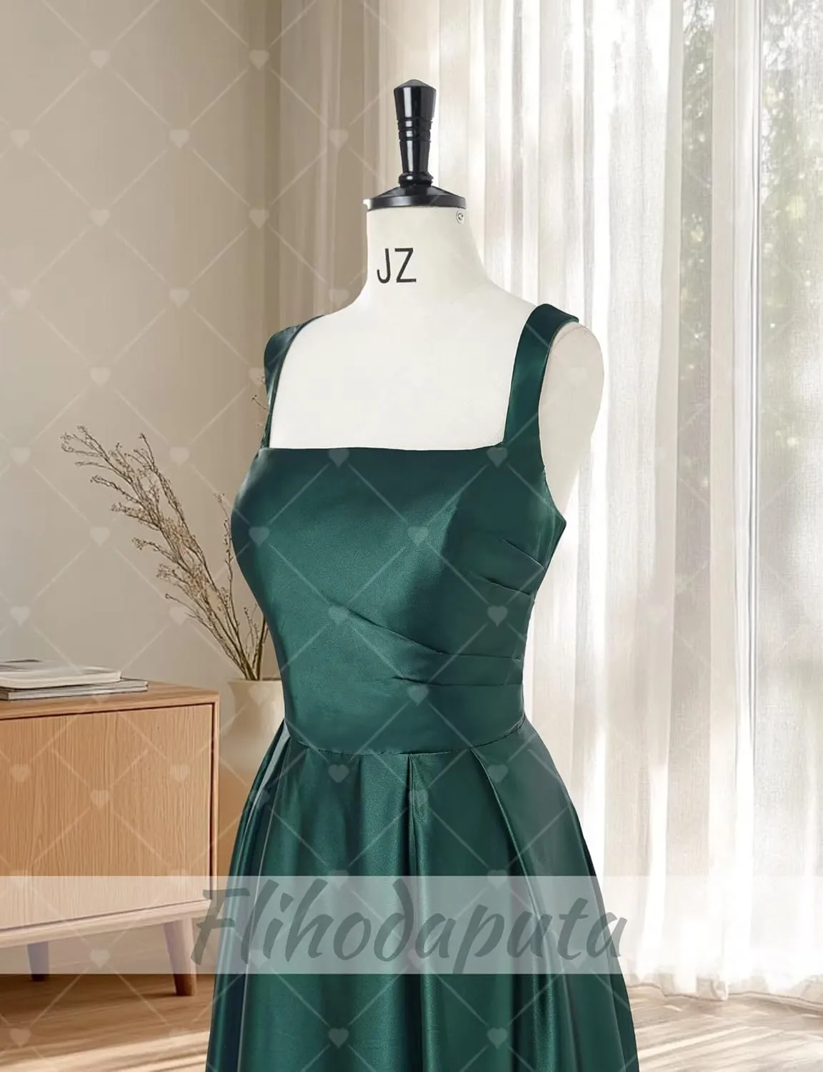 Women's Satin Prom Dresses with Slit Long Square Neck Formal Dresses Ball Gowns with Pockets