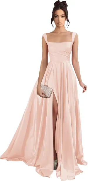 Women's Satin Prom Dresses with Slit Long Square Neck Formal Dresses Ball Gowns with Pockets