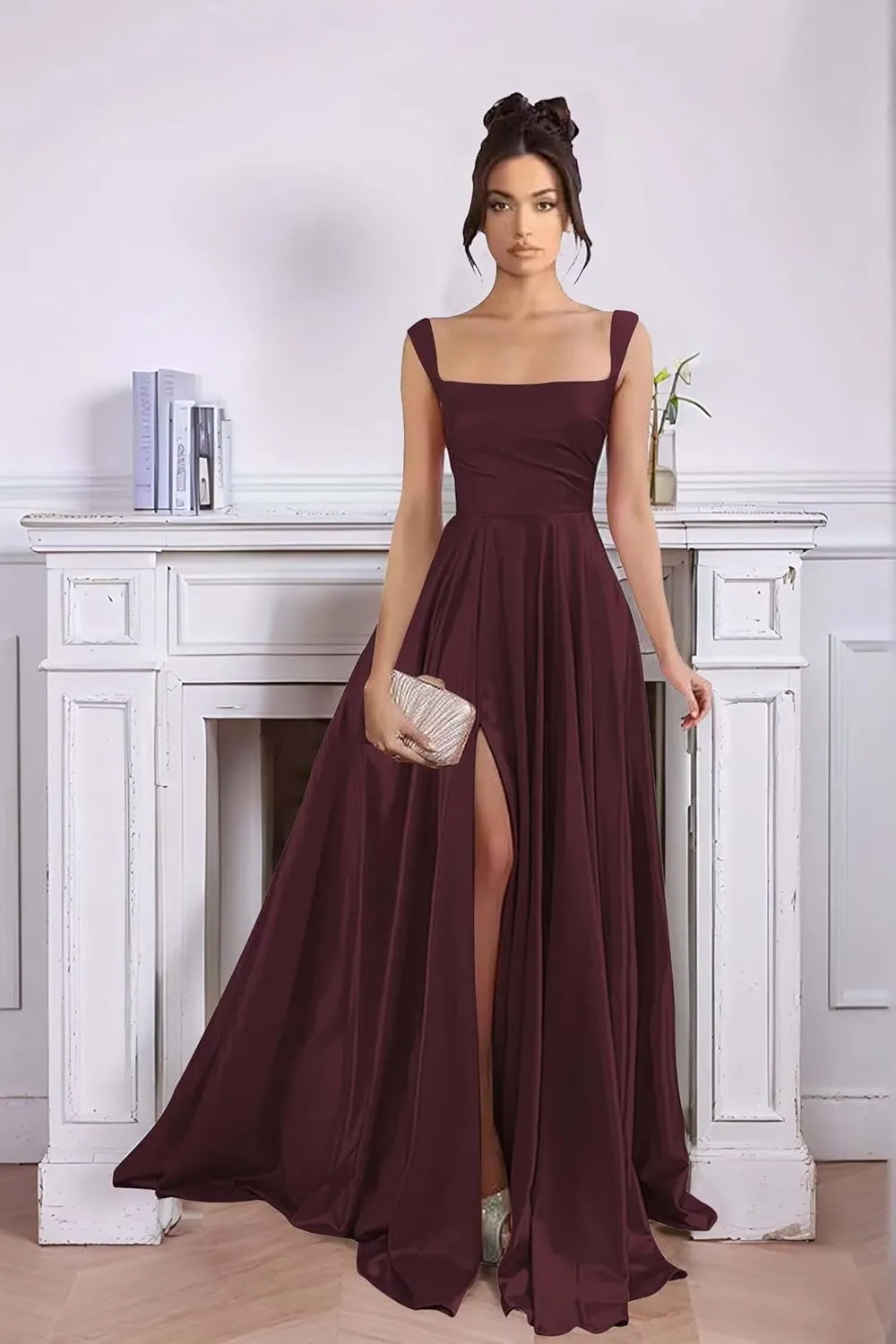 Women's Satin Prom Dresses with Slit Long Square Neck Formal Dresses Ball Gowns with Pockets