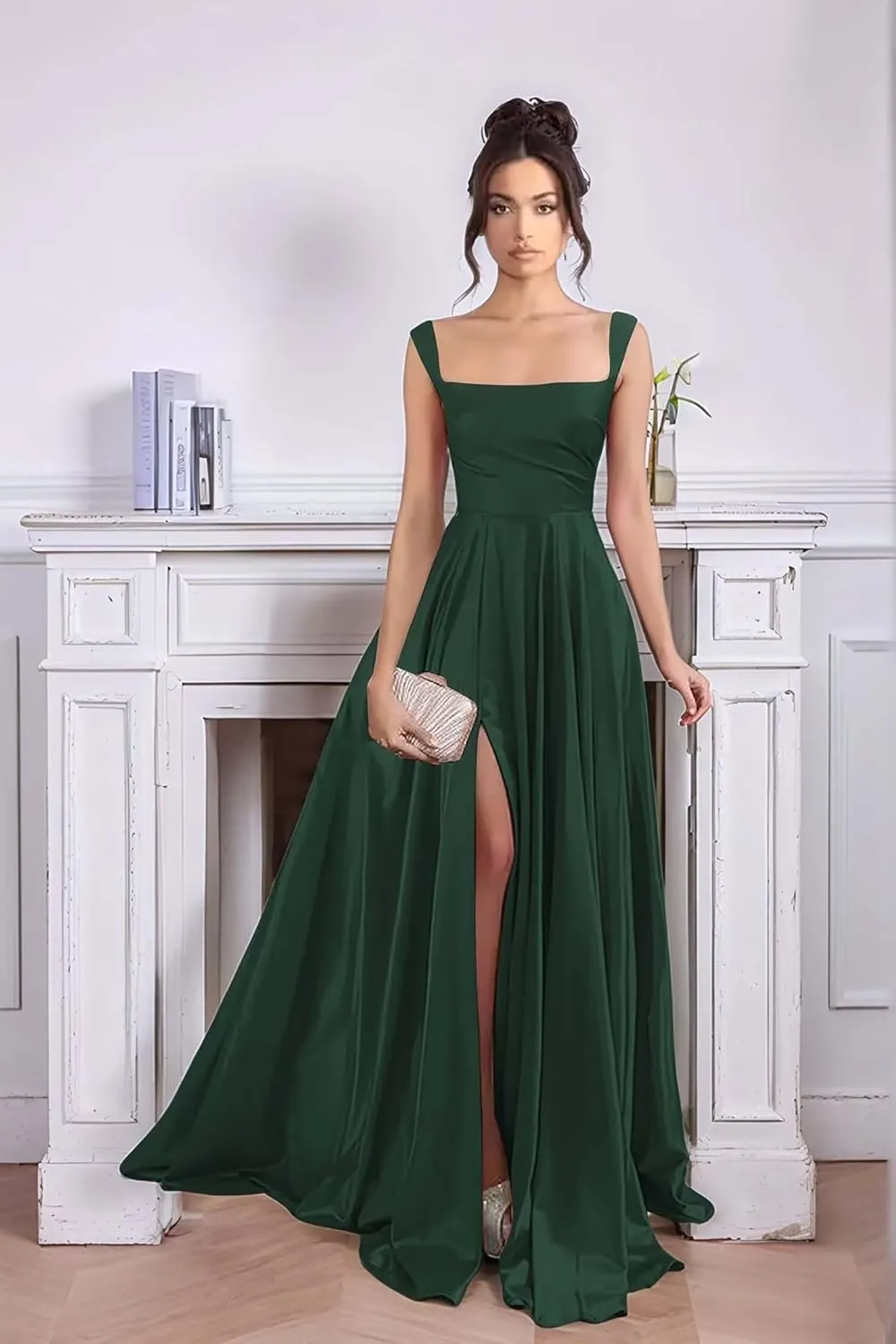 Women's Satin Prom Dresses with Slit Long Square Neck Formal Dresses Ball Gowns with Pockets