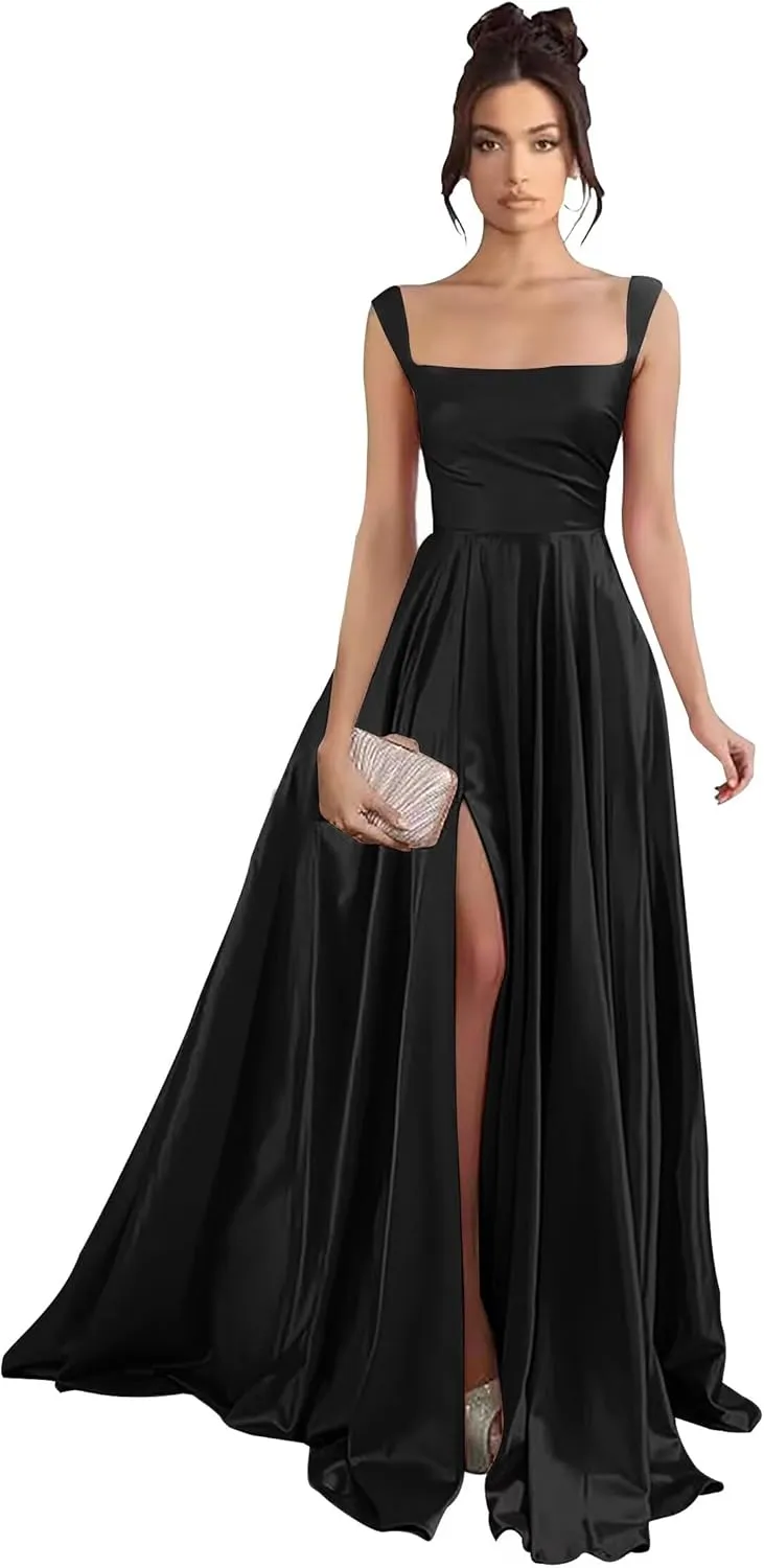 Women's Satin Prom Dresses with Slit Long Square Neck Formal Dresses Ball Gowns with Pockets