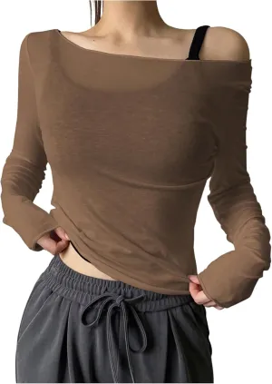 Women's Sheer Mesh Off The Shoulder Tops Long Sleeve See Through Shirts Going Out Party Club Outfits
