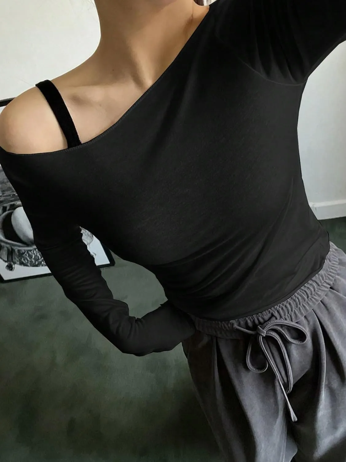 Women's Sheer Mesh Off The Shoulder Tops Long Sleeve See Through Shirts Going Out Party Club Outfits