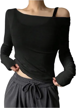 Women's Sheer Mesh Off The Shoulder Tops Long Sleeve See Through Shirts Going Out Party Club Outfits