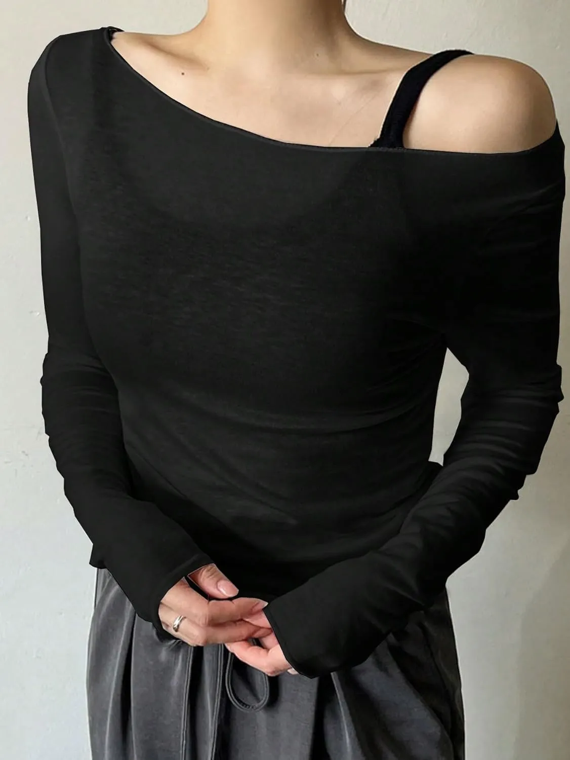 Women's Sheer Mesh Off The Shoulder Tops Long Sleeve See Through Shirts Going Out Party Club Outfits