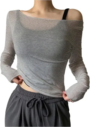 Women's Sheer Mesh Off The Shoulder Tops Long Sleeve See Through Shirts Going Out Party Club Outfits