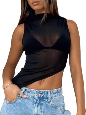 Women's Sheer Mesh Tank Tops Mock Neck Sleeveless Asymmetrical Hem Crop Top See Through Shirts