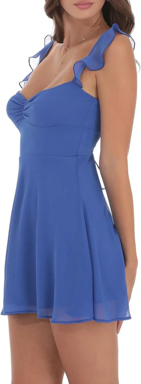 Womens Sleeveless Mini Dress Y2k Going Out Streetwear Casual Sleeveless Corset Ruffle Hem Lace Trim Short Dresses