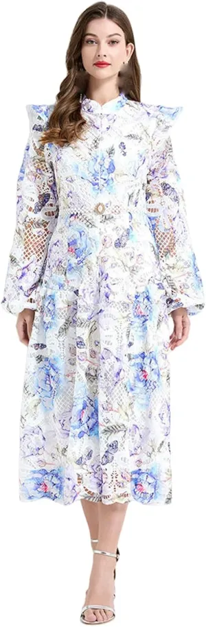 Women's Spring Vintage Stand Collar Floral Print Water-Soluble Lace Long Waist-Cinching Dress