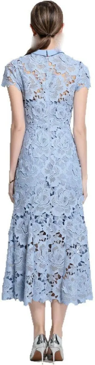 Women's Spring/Summer Elegant High Neck Round Neck Short-Sleeve Water-Soluble Lace Dress