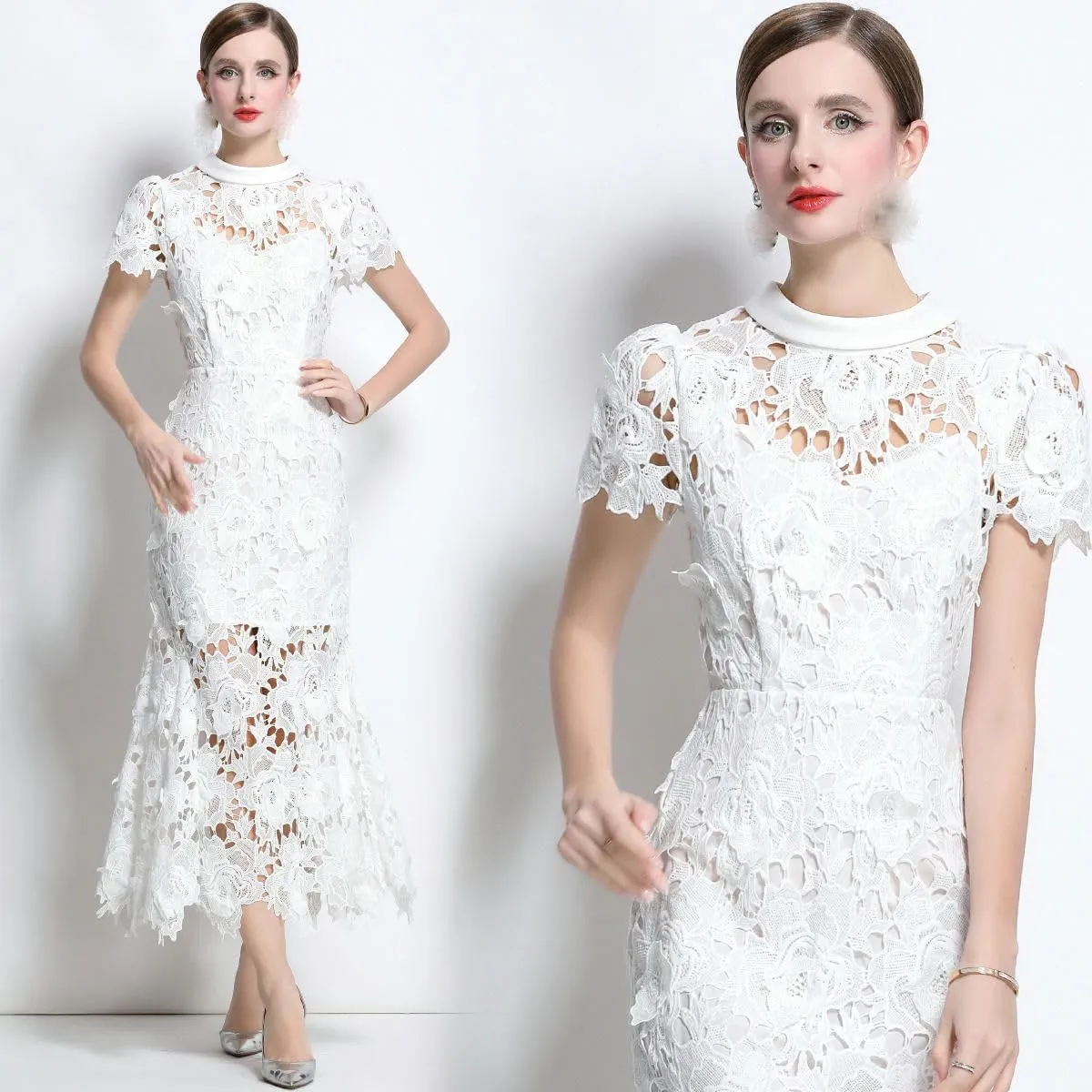 Women's Spring/Summer Elegant High Neck Round Neck Short-Sleeve Water-Soluble Lace Dress