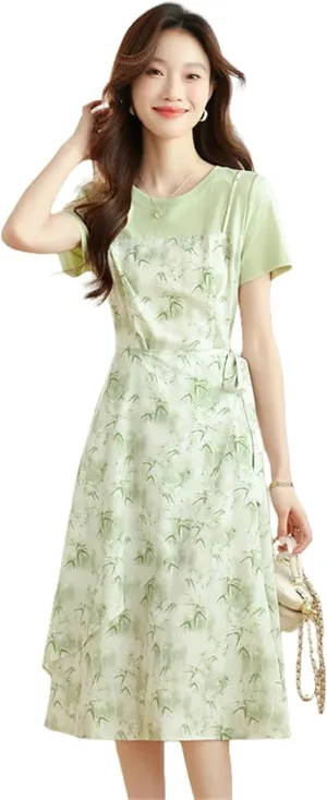 Women's Summer French Elegant Floral Fake Two-Piece Waist-Cinching Dress
