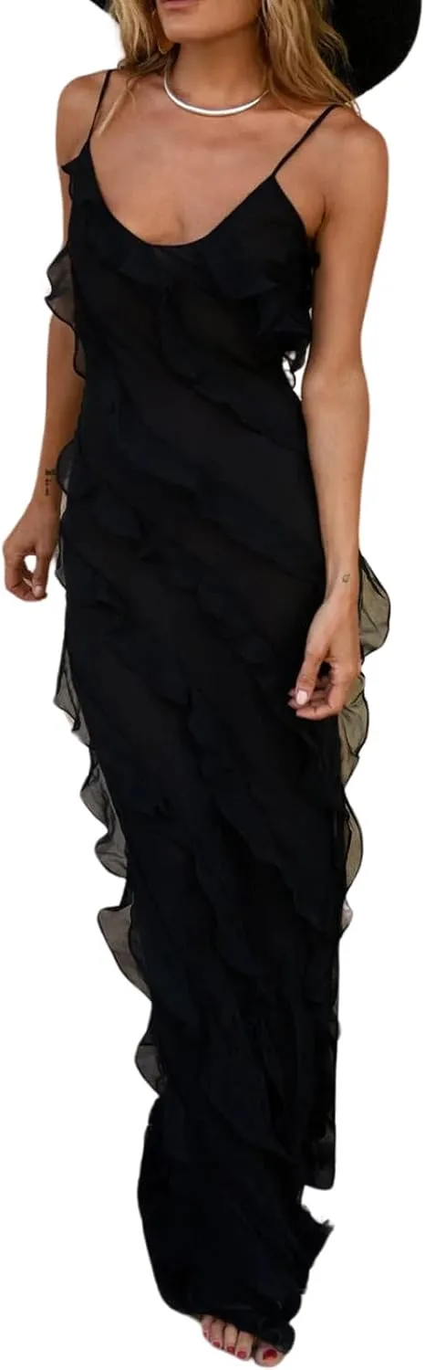 Women's Summer Spaghetti Strap Midi Bodycon Dress Sexy Backless Tassel Ruffle Side Split Party Maxi Dresses