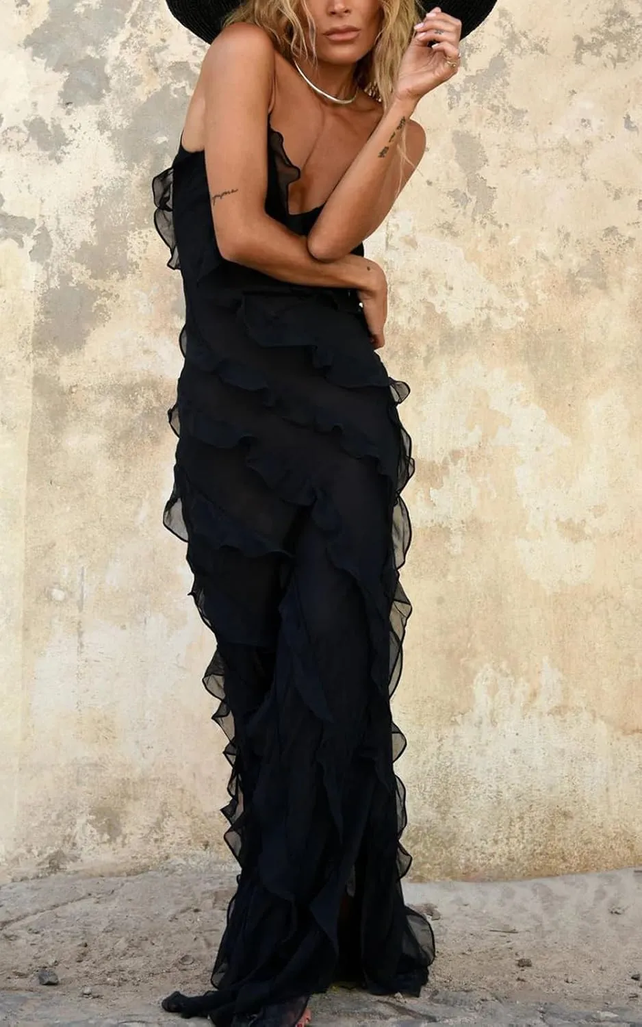 Women's Summer Spaghetti Strap Midi Bodycon Dress Sexy Backless Tassel Ruffle Side Split Party Maxi Dresses