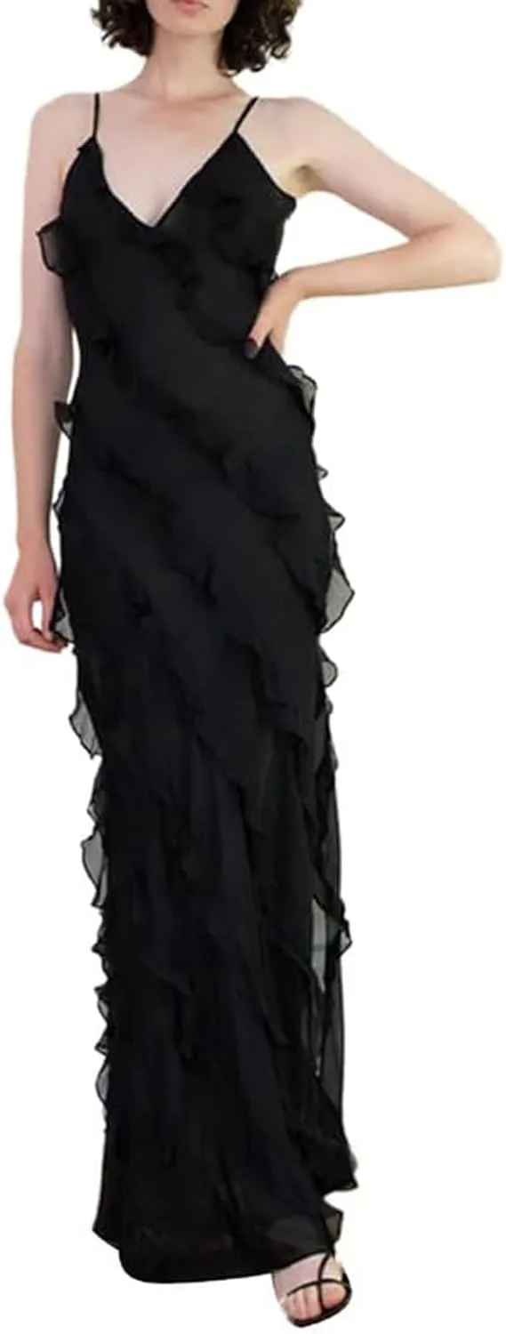 Women's Summer Spaghetti Strap Midi Bodycon Dress Sexy Backless Tassel Ruffle Side Split Party Maxi Dresses