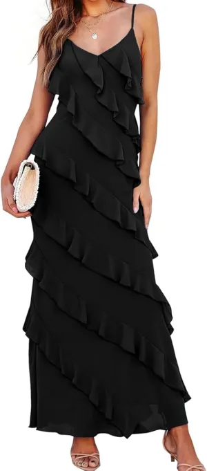 Women's Summer Spaghetti Strap Midi Bodycon Dress Sexy Backless Tassel Ruffle Side Split Party Maxi Dresses