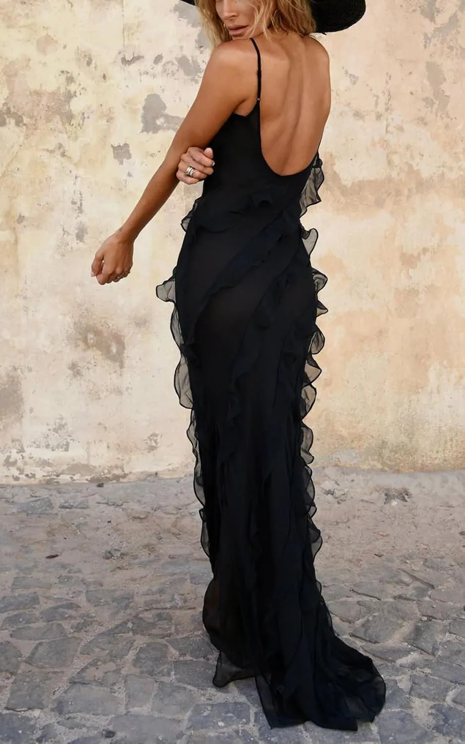 Women's Summer Spaghetti Strap Midi Bodycon Dress Sexy Backless Tassel Ruffle Side Split Party Maxi Dresses