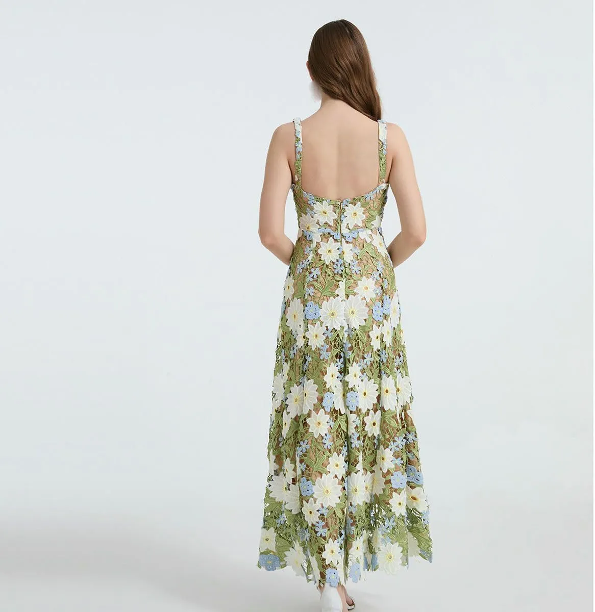 Women's Summer Two-Tone Water-Soluble Lace Embroidered Strappy Dress Hollowed Out Flared A-Line Dress