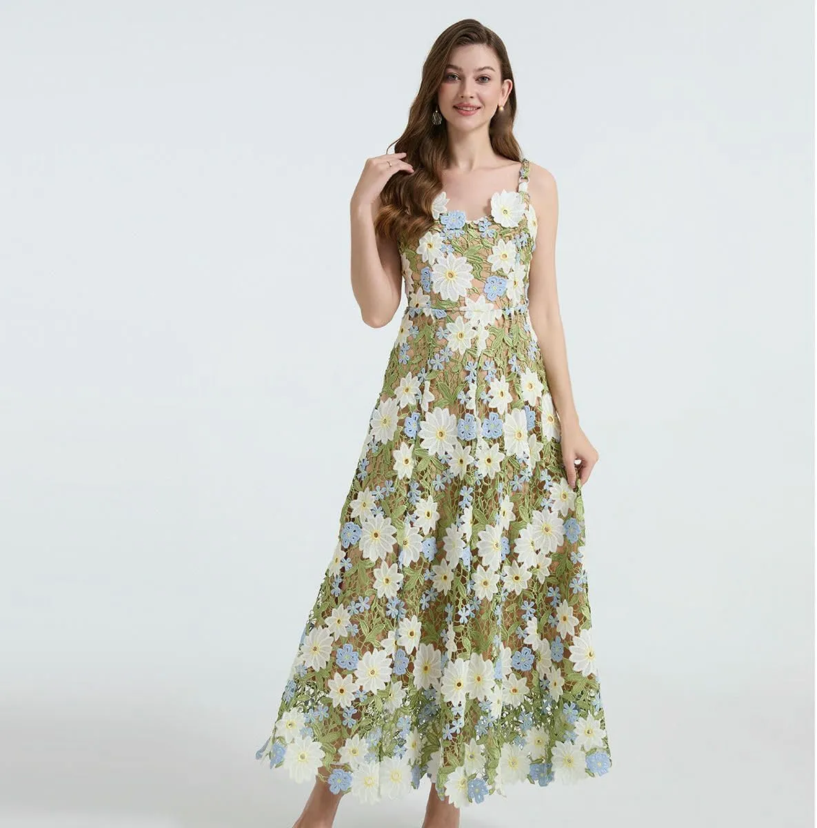 Women's Summer Two-Tone Water-Soluble Lace Embroidered Strappy Dress Hollowed Out Flared A-Line Dress