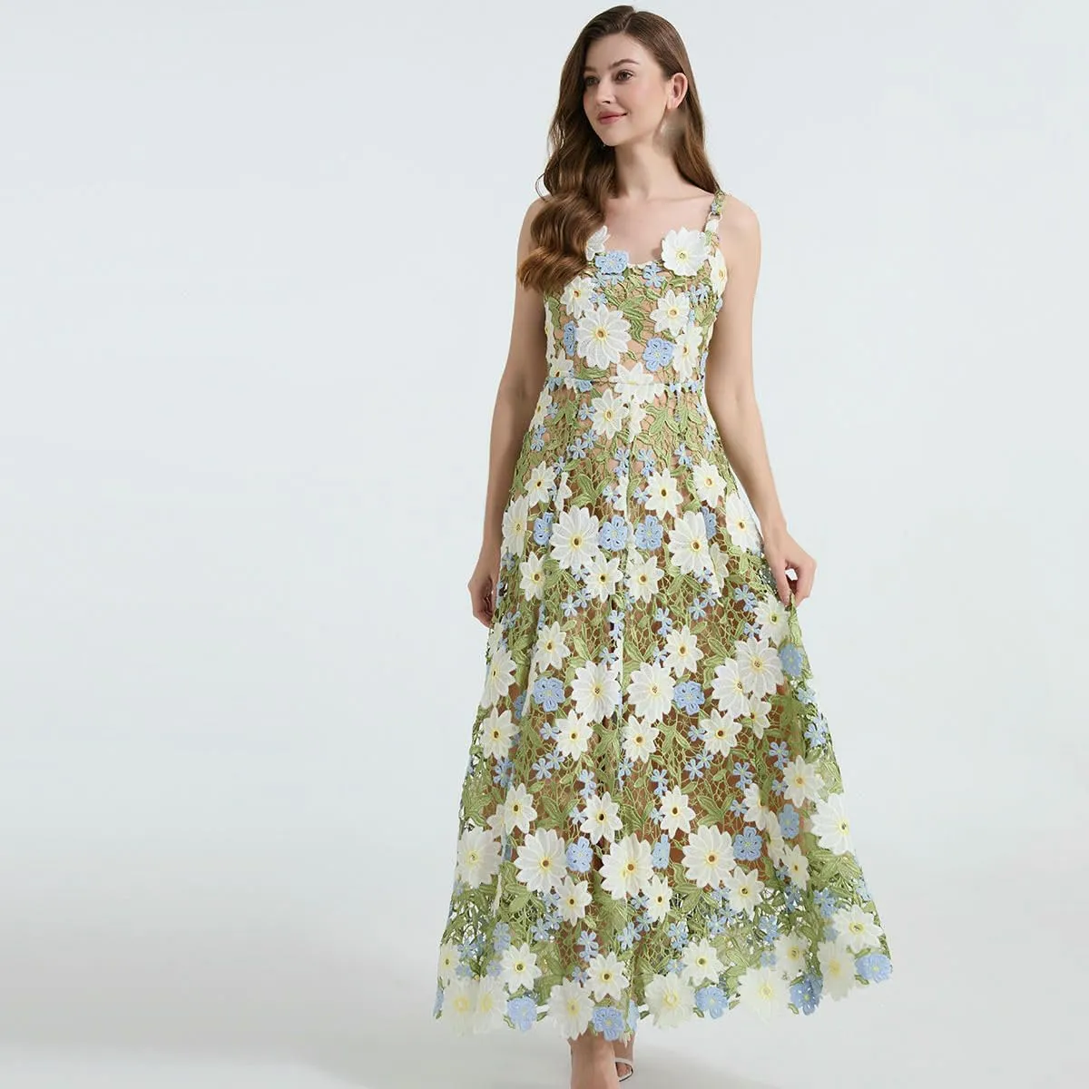 Women's Summer Two-Tone Water-Soluble Lace Embroidered Strappy Dress Hollowed Out Flared A-Line Dress