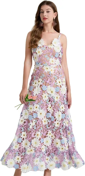 Women's Summer Two-Tone Water-Soluble Lace Embroidered Strappy Dress Hollowed Out Flared A-Line Dress