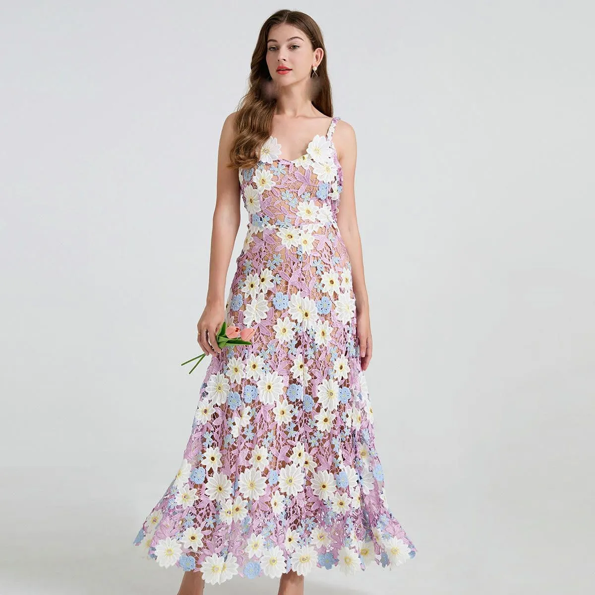 Women's Summer Two-Tone Water-Soluble Lace Embroidered Strappy Dress Hollowed Out Flared A-Line Dress