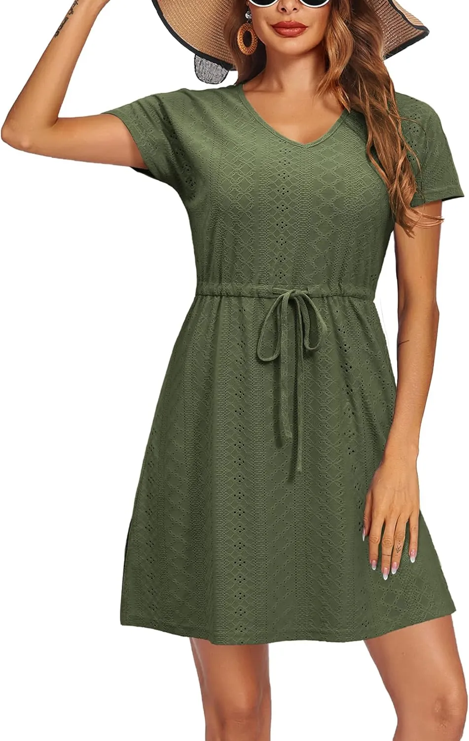 Women's Swimsuit Cover Ups V-Neck Drawstring Slit Eyelet Embroidery Bikini Beachwear Flowy Short Sleeve Beach Dress