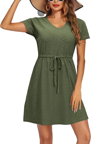 Women's Swimsuit Cover Ups V-Neck Drawstring Slit Eyelet Embroidery Bikini Beachwear Flowy Short Sleeve Beach Dress