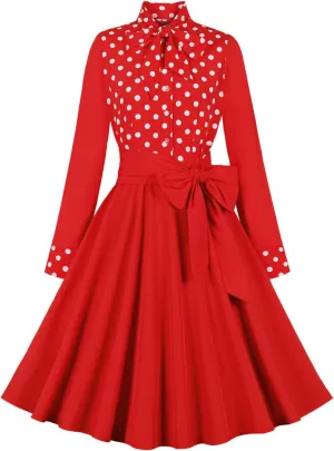 Women's Vintage Audrey Dress 1950s Retro Cocktail Dress Long Sleeve Rockabilly Prom Dress Work Church Casual Dresses