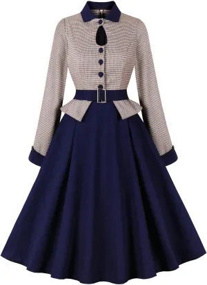Women's Vintage Audrey Dress 1950s Retro Cocktail Dress Long Sleeve Rockabilly Prom Dress Work Church Casual Dresses