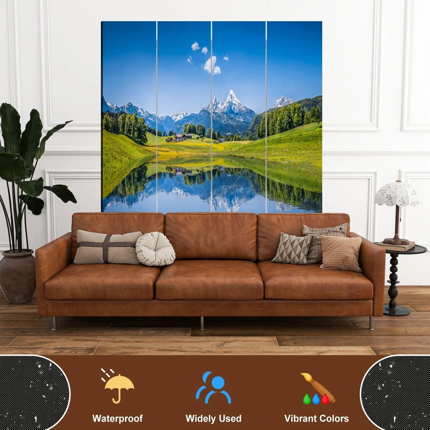 Wood Screen Room Divider Idyllic Summer Landscape Clear Mountain Lake Alps Folding Screen Canvas Privacy Partition Panels Dual-Sided Wall Divider Indoor Display Shelves 4 Panels