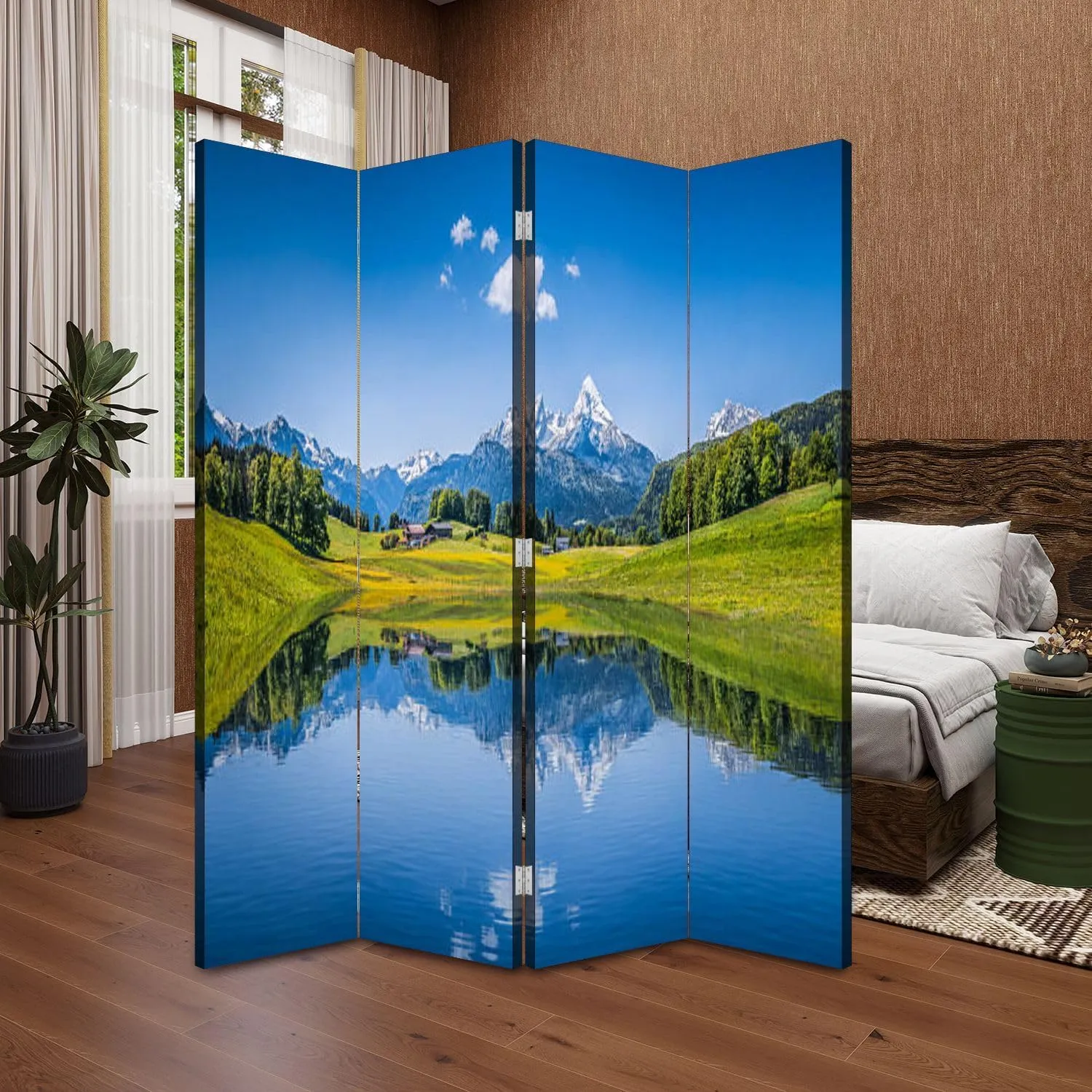 Wood Screen Room Divider Idyllic Summer Landscape Clear Mountain Lake Alps Folding Screen Canvas Privacy Partition Panels Dual-Sided Wall Divider Indoor Display Shelves 4 Panels