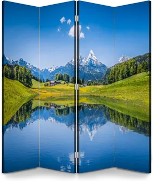 Wood Screen Room Divider Idyllic Summer Landscape Clear Mountain Lake Alps Folding Screen Canvas Privacy Partition Panels Dual-Sided Wall Divider Indoor Display Shelves 4 Panels