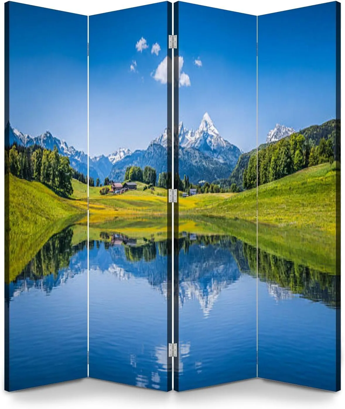 Wood Screen Room Divider Idyllic Summer Landscape Clear Mountain Lake Alps Folding Screen Canvas Privacy Partition Panels Dual-Sided Wall Divider Indoor Display Shelves 4 Panels
