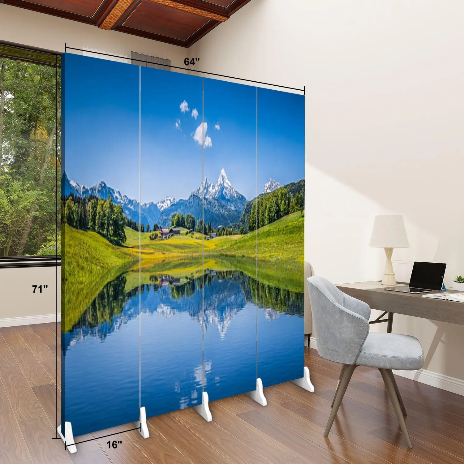 Wood Screen Room Divider Idyllic Summer Landscape Clear Mountain Lake Alps Folding Screen Canvas Privacy Partition Panels Dual-Sided Wall Divider Indoor Display Shelves 4 Panels