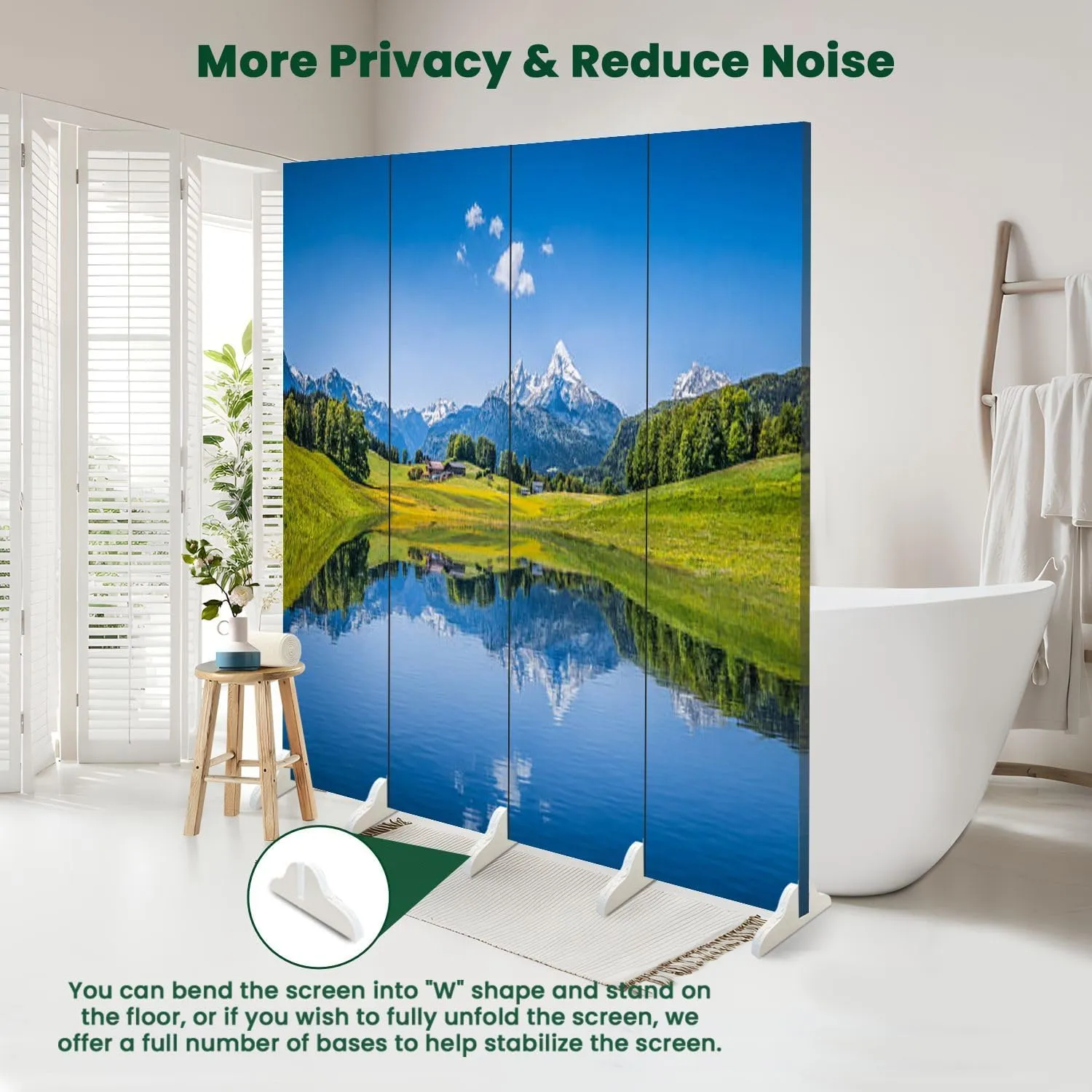 Wood Screen Room Divider Idyllic Summer Landscape Clear Mountain Lake Alps Folding Screen Canvas Privacy Partition Panels Dual-Sided Wall Divider Indoor Display Shelves 4 Panels