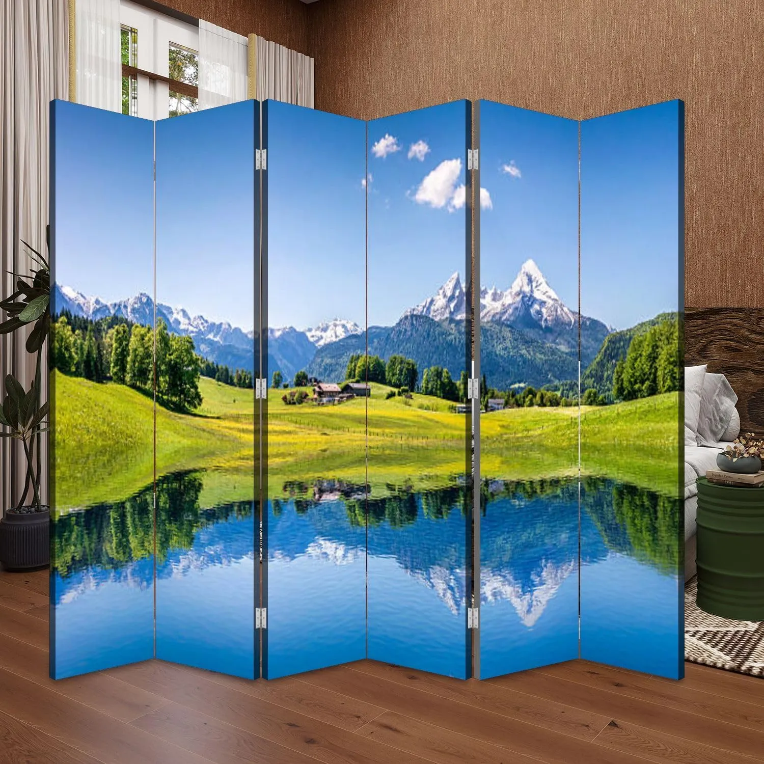 Wood Screen Room Divider Idyllic Summer Landscape Mountain Lake Alps Folding Screen Canvas Privacy Partition Panels Dual-Sided Wall Divider Indoor Display Shelves 6 Panels