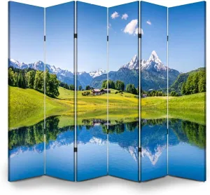 Wood Screen Room Divider Idyllic Summer Landscape Mountain Lake Alps Folding Screen Canvas Privacy Partition Panels Dual-Sided Wall Divider Indoor Display Shelves 6 Panels