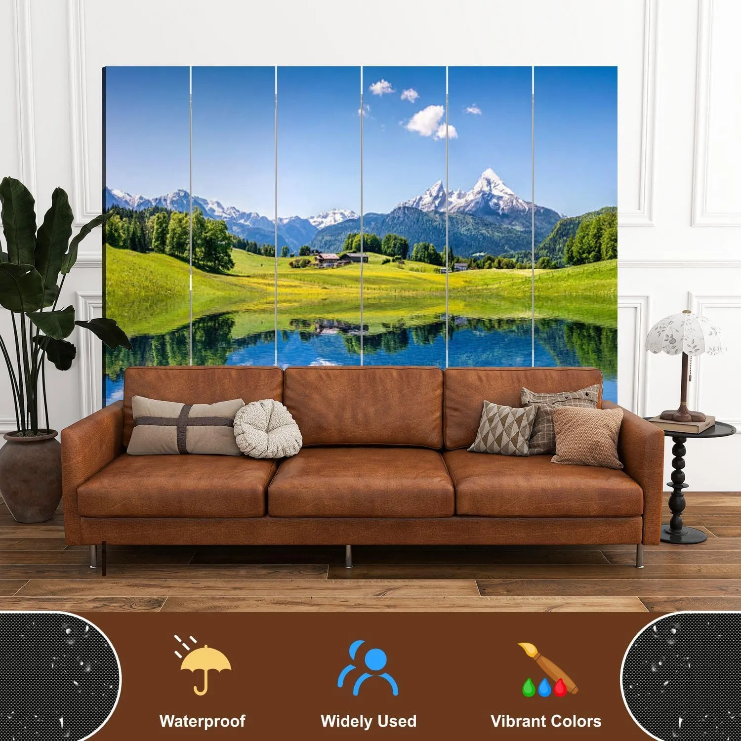 Wood Screen Room Divider Idyllic Summer Landscape Mountain Lake Alps Folding Screen Canvas Privacy Partition Panels Dual-Sided Wall Divider Indoor Display Shelves 6 Panels