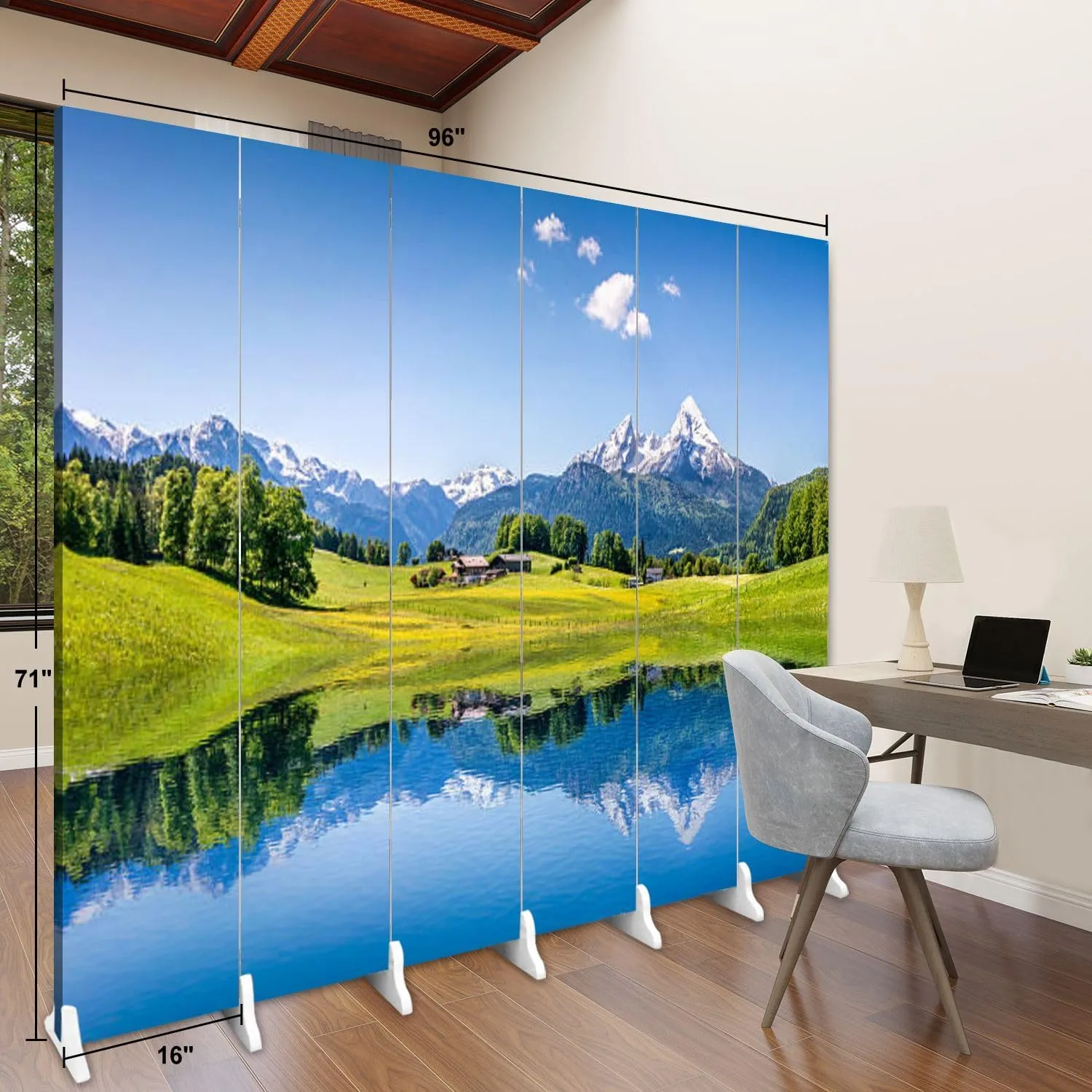 Wood Screen Room Divider Idyllic Summer Landscape Mountain Lake Alps Folding Screen Canvas Privacy Partition Panels Dual-Sided Wall Divider Indoor Display Shelves 6 Panels