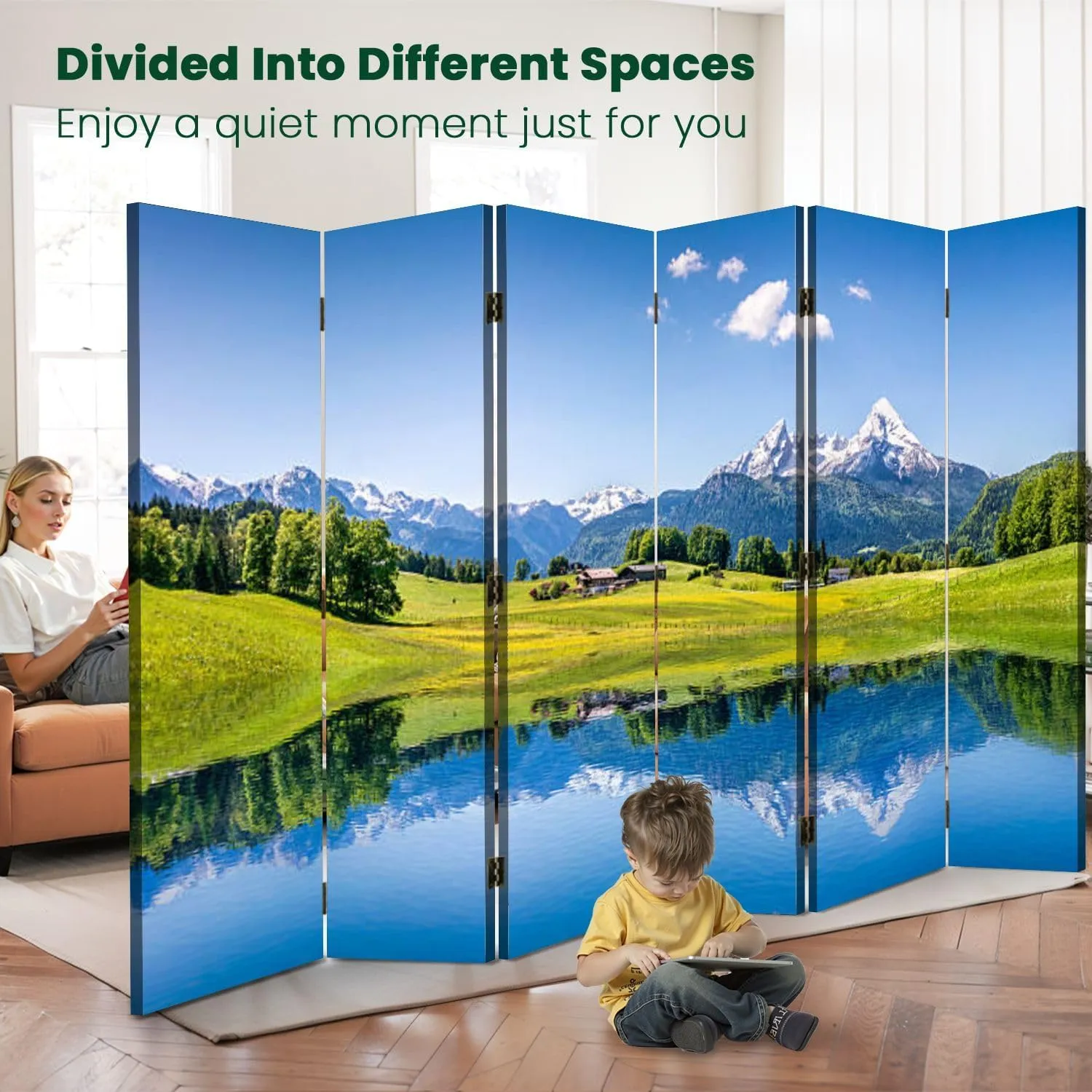 Wood Screen Room Divider Idyllic Summer Landscape Mountain Lake Alps Folding Screen Canvas Privacy Partition Panels Dual-Sided Wall Divider Indoor Display Shelves 6 Panels