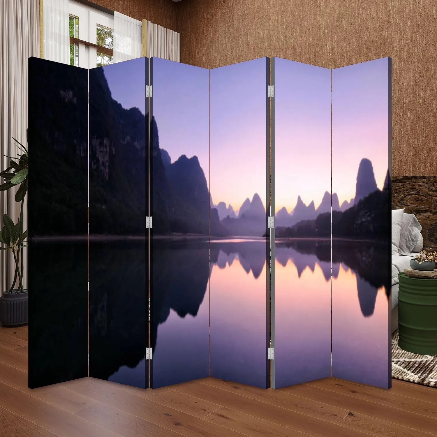 Wood Screen Room Divider Mountain Reflections Dawn Guilin China Folding Screen Canvas Privacy Partition Panels Dual-Sided Wall Divider Indoor Display Shelves 6 Panels