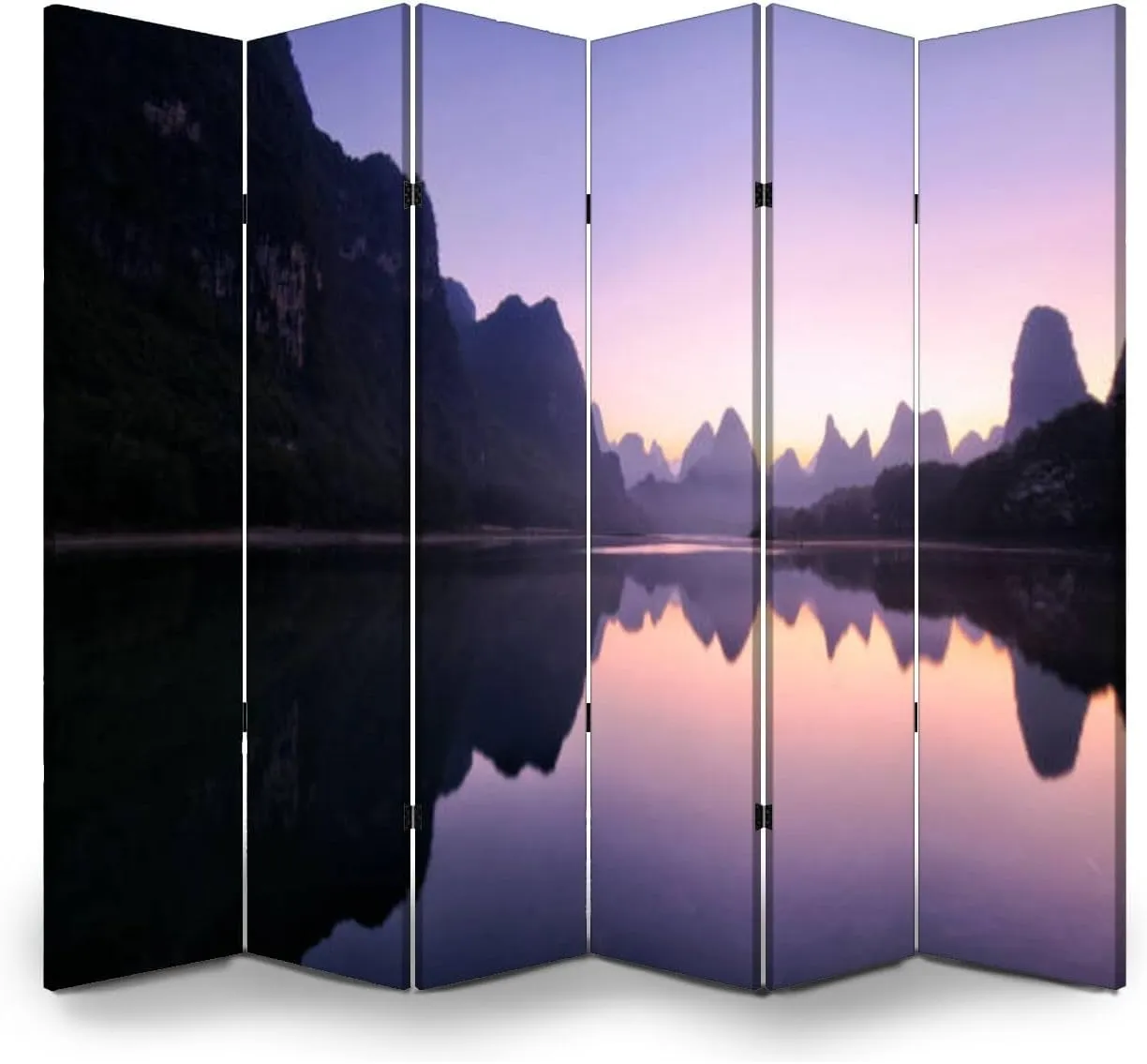 Wood Screen Room Divider Mountain Reflections Dawn Guilin China Folding Screen Canvas Privacy Partition Panels Dual-Sided Wall Divider Indoor Display Shelves 6 Panels