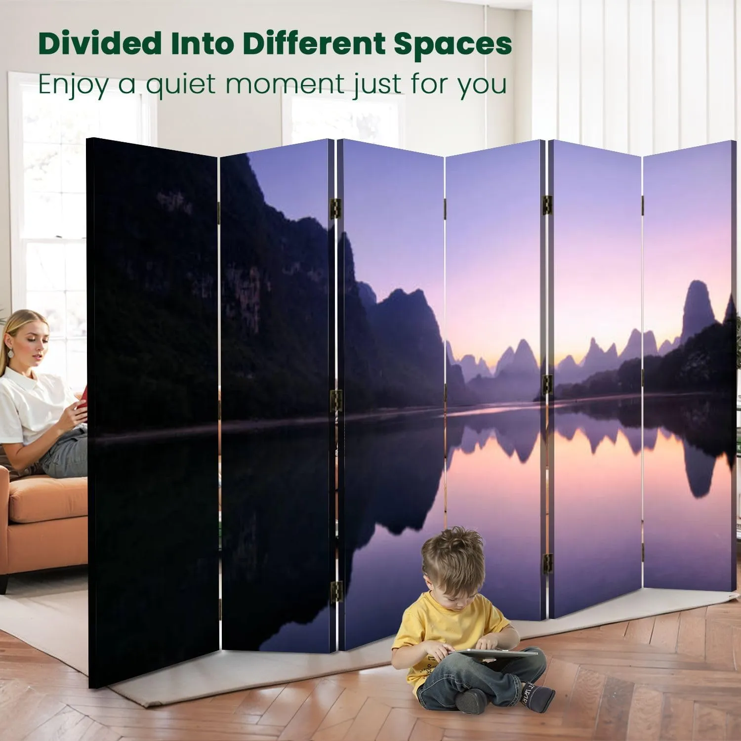 Wood Screen Room Divider Mountain Reflections Dawn Guilin China Folding Screen Canvas Privacy Partition Panels Dual-Sided Wall Divider Indoor Display Shelves 6 Panels