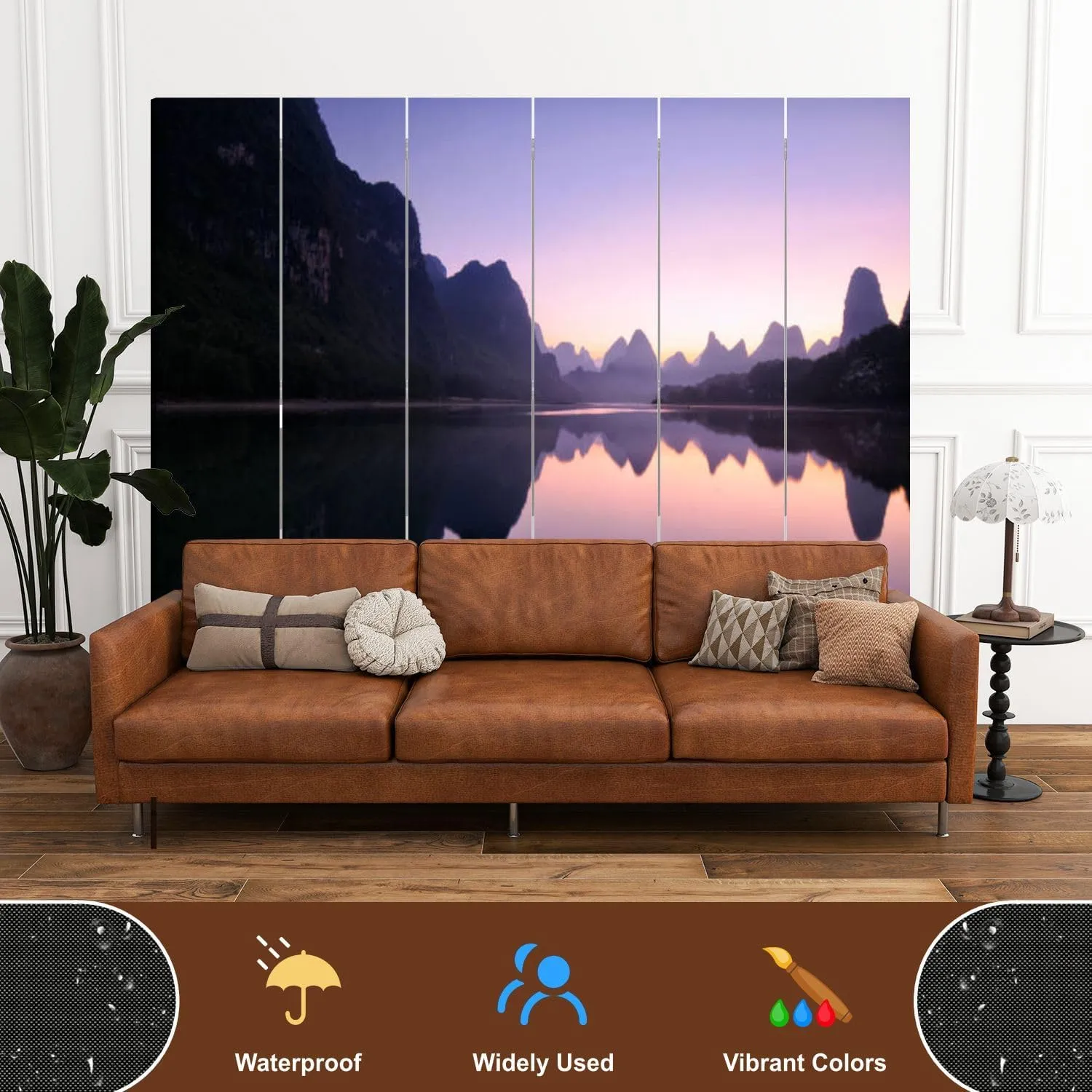 Wood Screen Room Divider Mountain Reflections Dawn Guilin China Folding Screen Canvas Privacy Partition Panels Dual-Sided Wall Divider Indoor Display Shelves 6 Panels