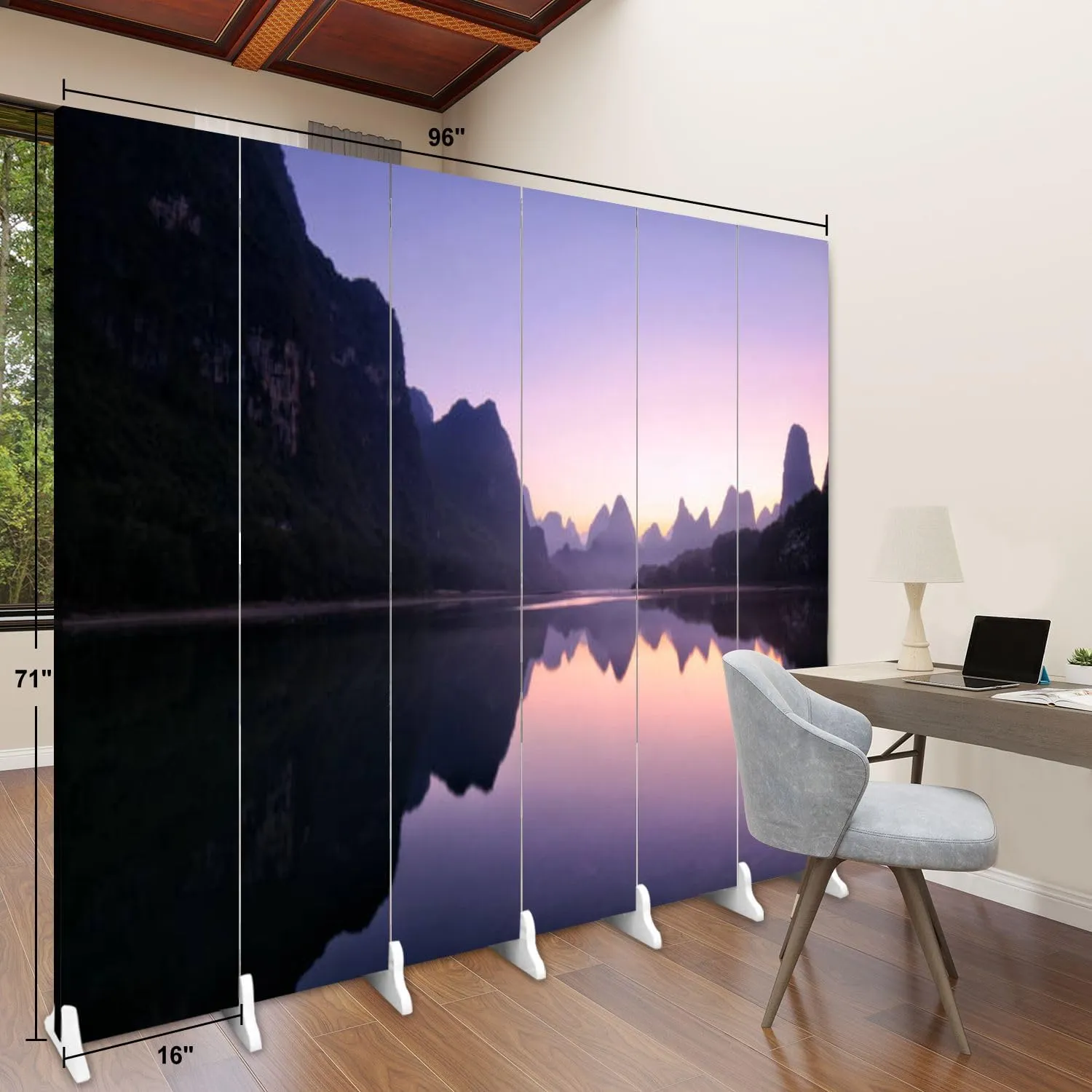 Wood Screen Room Divider Mountain Reflections Dawn Guilin China Folding Screen Canvas Privacy Partition Panels Dual-Sided Wall Divider Indoor Display Shelves 6 Panels