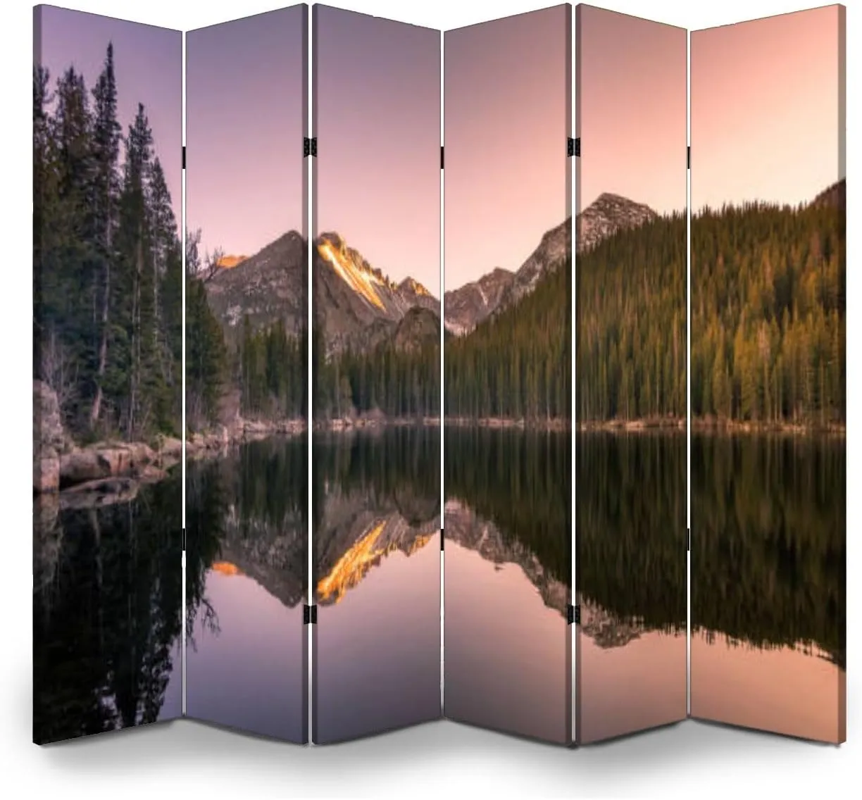 Wood Screen Room Divider Rocky Mountain State Park Lake Reflections Folding Screen Canvas Privacy Partition Panels Dual-Sided Wall Divider Indoor Display Shelves 6 Panels