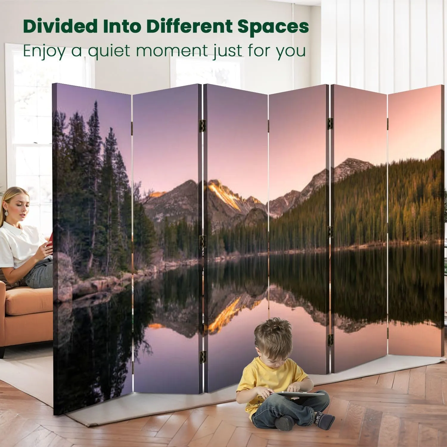 Wood Screen Room Divider Rocky Mountain State Park Lake Reflections Folding Screen Canvas Privacy Partition Panels Dual-Sided Wall Divider Indoor Display Shelves 6 Panels
