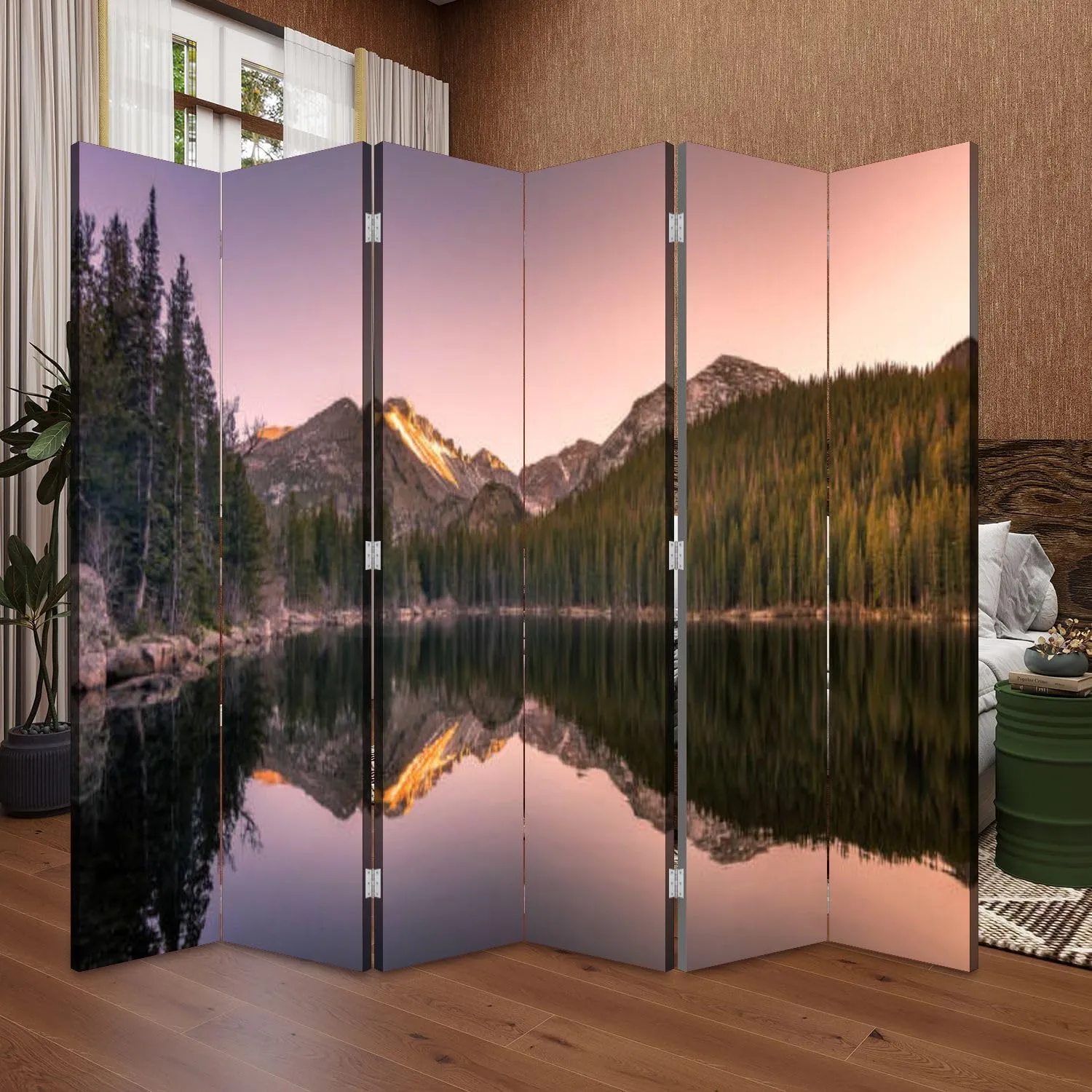 Wood Screen Room Divider Rocky Mountain State Park Lake Reflections Folding Screen Canvas Privacy Partition Panels Dual-Sided Wall Divider Indoor Display Shelves 6 Panels